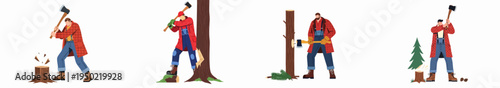 Collection of flat vector illustrations featuring a lumberjack in a plaid shirt chopping wood, trees, and stumps with an axe.