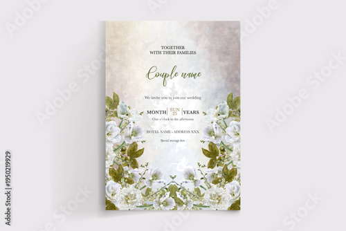 WEDDING INVITATION FRAME WITH FLOWER DECORATIONS AND FRESH LEAVES