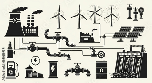 Diverse Energy Sources - Nuclear, Wind, Solar, Hydro, and Fossil Fuels.
