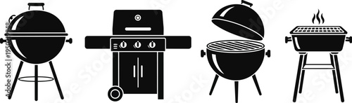 Black silhouette icons of barbecue grills including charcoal, gas, smoker, and kettle designs