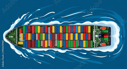 Aerial View of a Cargo Ship Carrying Colorful Shipping Containers.