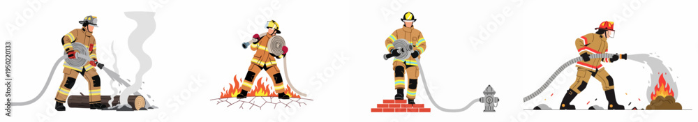Fototapeta premium Set of vector illustrations depicting firefighters in protective gear fighting fires, using hoses, and extinguishing flames in different emergency scenarios.