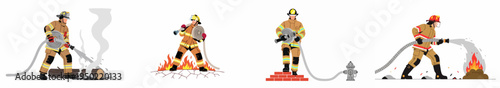 Set of vector illustrations depicting firefighters in protective gear fighting fires, using hoses, and extinguishing flames in different emergency scenarios.