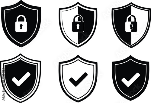 Security shield icons with locks and checkmarks