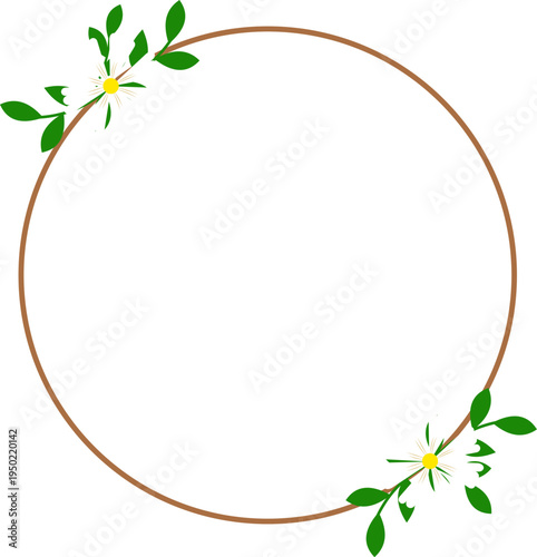 Elegant brown circular frame vector illustration adorned with delicate white daisy blossoms and vibrant green foliage accents