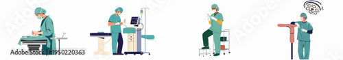 Flat vector illustrations depicting professional surgeons performing operations and using medical equipment in a hospital operating room setting.