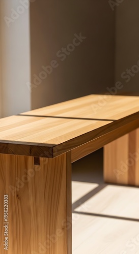 Natural wood bench showcases fine joinery and sunlight streaming indoors