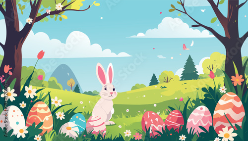 Easter bunny in spring meadow with colorful eggs