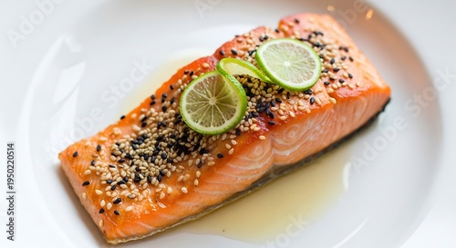 Glazed salmon fillet topped with sesame seeds and fresh citrus slices rests on a white plate