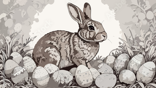 Easter bunny sitting among decorative eggs in grass