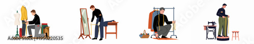 Set of flat vector illustrations featuring professional male tailors measuring fabrics and garments in their workshop for bespoke men's fashion.