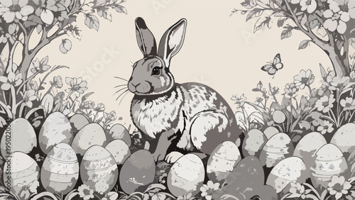 Easter bunny sitting among decorated eggs in spring field