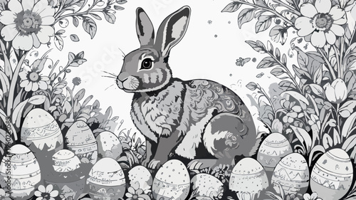 Easter bunny finding decorative eggs in flower garden