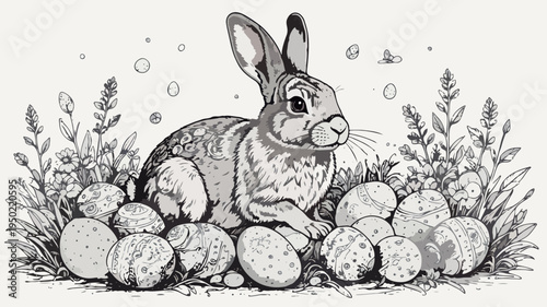 Easter bunny with decorated eggs in spring field grayscale