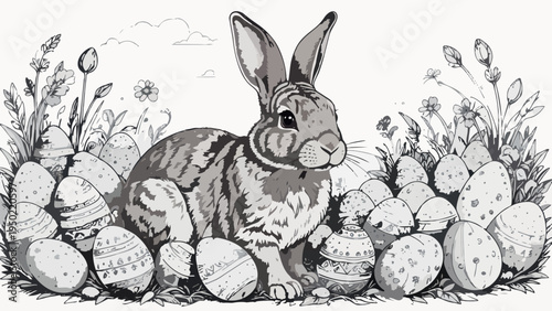 Easter bunny sitting among decorated eggs coloring page