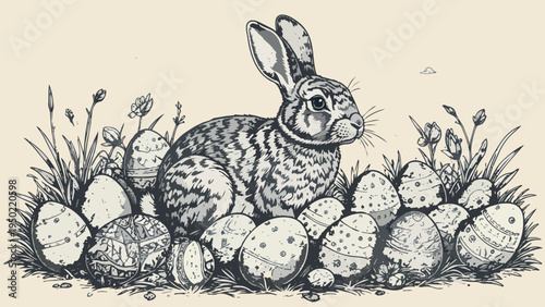 Easter bunny sitting in grass with eggs illustration