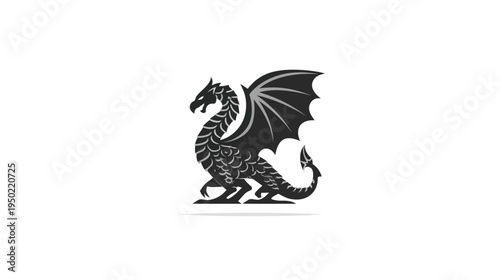 A silhouetted dragon stands, detailed with scales and wings against a white backdrop