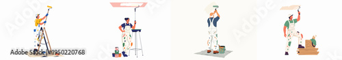 Collection of professional house painters in overalls painting walls and ceilings with rollers and tools, isolated vector illustrations on white background.