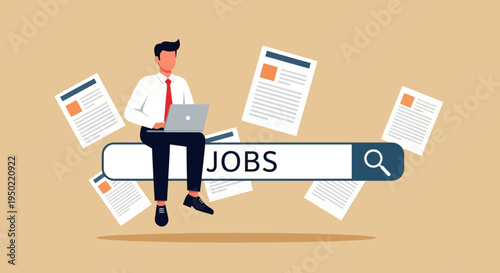 Illustration of a businessman sitting on a search bar with floating papers and a laptop in a minimalist style with a warm color palette.