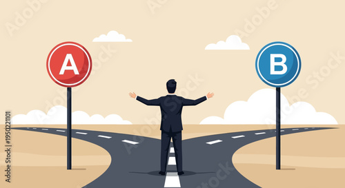 Man standing at a fork in the road with signs pointing to A and B on a desert landscape