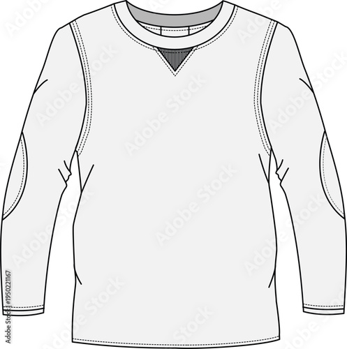 mens round neck elbow patch sleeve t shirt flat sketch vector illustration cad drawing template