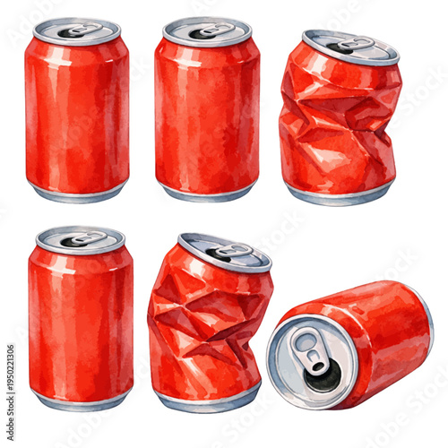 A watercolor collection of red soda cans including intact and crushed cans for beverage illustrations, recycling designs, and drink clipart.