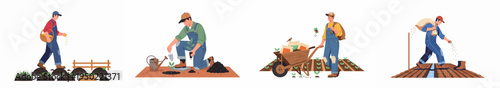Set of flat vector illustrations depicting farmers sowing seeds, planting seedlings and performing various agricultural tasks in the field during the spring season.