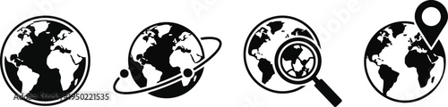 Black silhouette icons of globe with orbit, magnifier, and location pin showing global concepts.