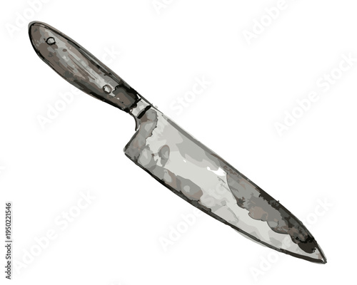 Watercolor illustration of kitchen knife with stainless steel blade isolated on transparent background