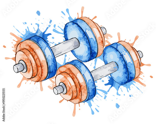 Watercolor illustration of a pair of dumbbells with colorful paint splash