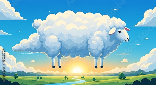Whimsical depiction of a large sheep composed entirely of white clouds floating above a verdant landscape at sunrise