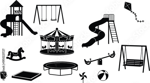 Black and white illustration of playground and amusement park equipment including swings, slides, carousel, trampoline, seesaw, sandbox, kite, and recreational children’s outdoor activities