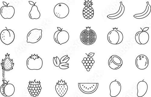 Black and white line drawings of assorted fruits in grid layout including apple, pear, orange, pineapple, banana, grape, strawberry, watermelon, mango, coconut, and more
