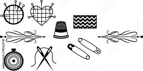 Black and white sewing icons collection featuring pincushions, thimble, stopwatch, safety pins, needles with thread, ornate flourishes, and fabric patterns for tailoring and craft design