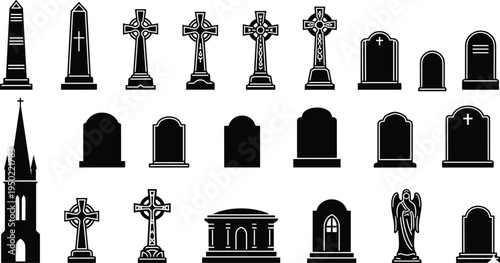Black and white vector icons of gravestones, crosses, mausoleums, angel statue, and church steeple representing cemetery memorial architecture, 