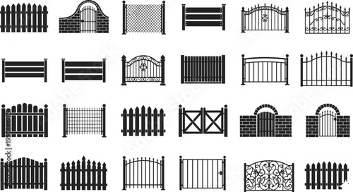 Collection of 24 diverse gate and fence silhouette designs including wrought iron, picket, chain-link, brick archways, decorative scrollwork, and architectural landscaping elements