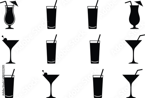 Collection of black silhouette cocktail and drink glasses icons including martini, hurricane, highball, and barware designs with garnishes, straws, umbrellas, cherries