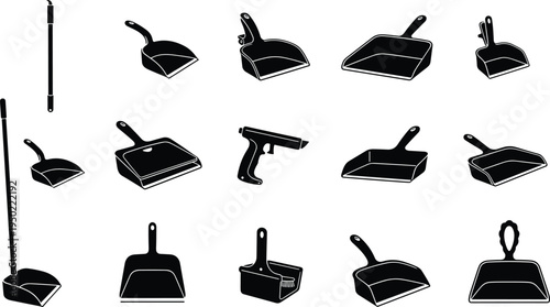 Collection of diverse dustpan silhouettes featuring handheld and long-handled cleaning tools, household 