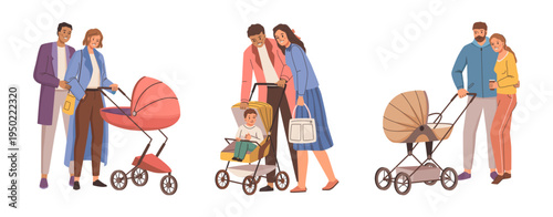 Dad and mom walking with kid in stroller. Vector in flat style, isolated family weekend of personages enjoying time together. Father and mother with toddler or infants, newborn children