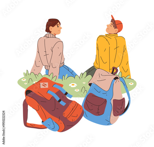 Couple hiking and enjoying nature, sitting on meadow with flowers. Vector in flat style, isolated man and woman with backpacks. Traveling hobby, trip and outside adventure of family members