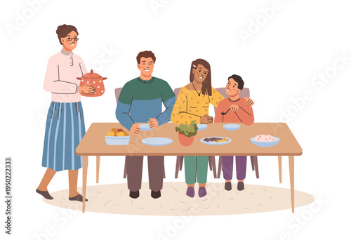 Cheerful family at dinner table. Vector smiling woman bringing soup in pan. Festive evening meal. Grandmother, parents and son spending time together, joking and laughing. Celebrating small wins