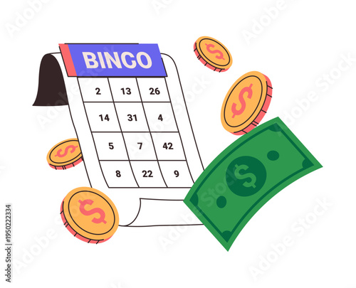 Playing game and winning money. Vector isolated table with numbers, lottery or bingo. Award dollars, banknotes and coins. Casino and vegas jackpot and lucky fortune prize for player of keno
