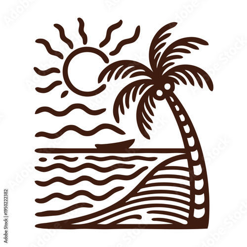 Logo agencia de viajes. Vacaciones de verano. Dibujo sencillo con líneas de un paisaje con la palma, sol, playa y olas de mar estilo grabado antiguo	