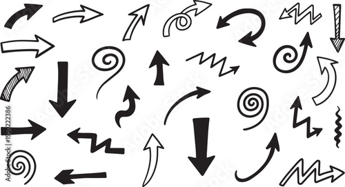 Black silhouette icons of arrows in varied styles showing direction, motion, and navigation