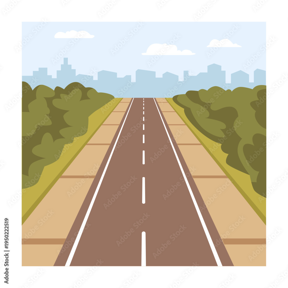 Fototapeta premium Cityscape view and road leading to city. Vector in flat style, asphalted highway with marking and pavement. Perspective with town and skyscrapers in distance. Traveling and transport riding