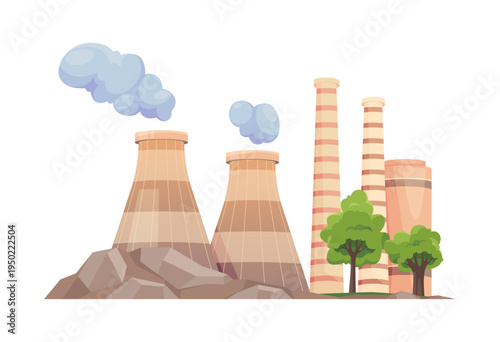Thermal generating or nuclear station with cooling towers with steam and chimneys. Vector facility of fossil fuel power plant, manufacturing building. Sustainable and renewable sources of energy
