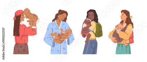 Mothers spending time with children. Vector in flat style, isolated ladies carrying infants or newborn babies, traveling and walking. Bonding and relaxing with child, embracing and playing