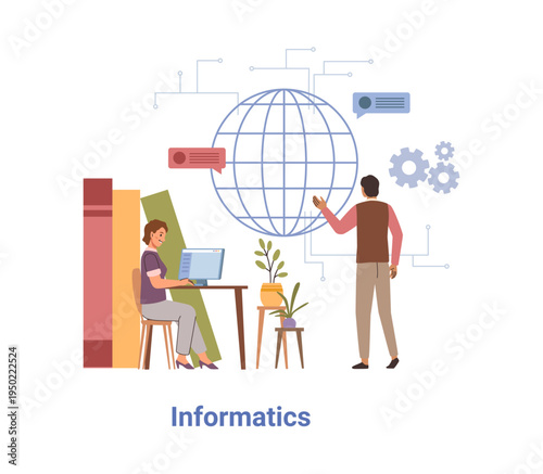 Informatics subjects in school, computer technologies disciplines in university. Vector small cartoon characters working with laptop with algorithms and diagrams. People and educational equipment