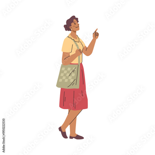 Female character client, customer choosing products in grocery shop or store. Vector in flat style, isolated lady with tote bag looking for food and produce, hypermarket or supermarket assortment