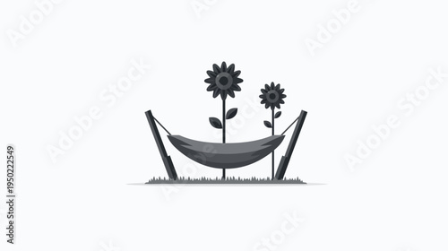 Stylized grayscale illustration of a hammock supported by poles, with sunflowers growing nearby
